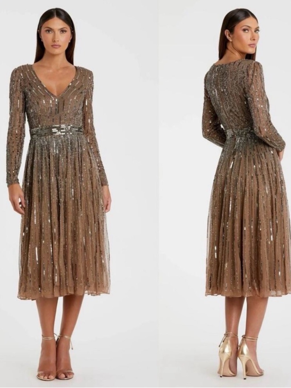 Mac Duggal 5528 Brown/Mocha Sequined V-Neck Long Sleeve Midi Dress